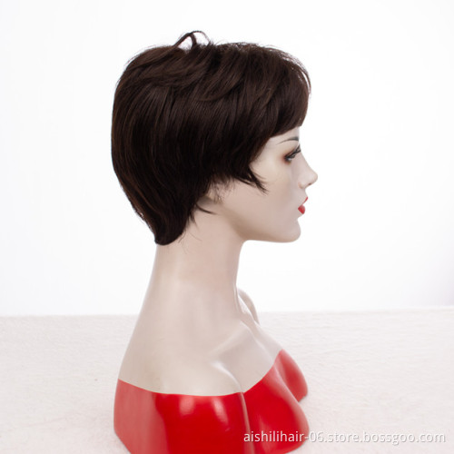 Wholesale heat resistant wig  stort dark brown fibre with natural bangs synthetic hair wig for women